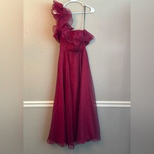 Vintage Eve of Milady One Shoulder Ruffle Organza Gown Burgundy Formal Dress 6
